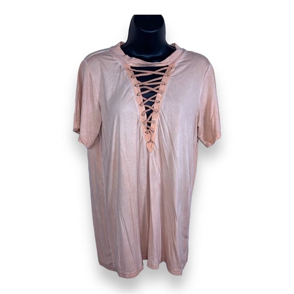 MEDIUM ENTRO ORANGE PASTEL TOP SHORT SLEEVE STRETCH LACE UP NECKLINE BOHO